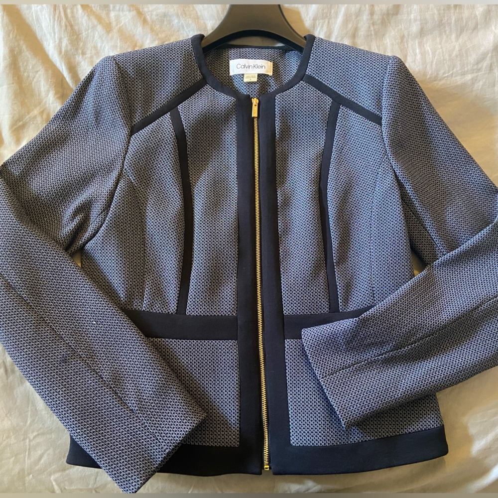 Calvin Klein Navy, Dark Blue and White Structured Blazer with Tailored Fit
